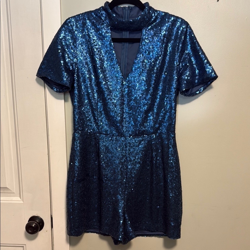 JustFab Sparkling Blue Sequin Romper - short sleeve - medium
